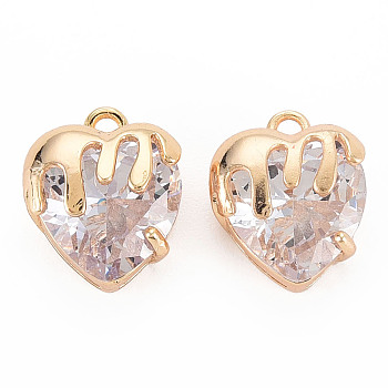 Brass Micro Pave Cubic Zirconia Charms, Real 18K Gold Plated, Nickel Free, Heart, Clear, 13x11x7.5mm, Hole: 1.6mm