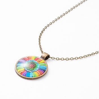 Rainbow Pride Necklace, Flat Round with Pattern Pendant Necklace for Men Women, Antique Bronze, Flower Pattern, 20.08 inch(51cm) 