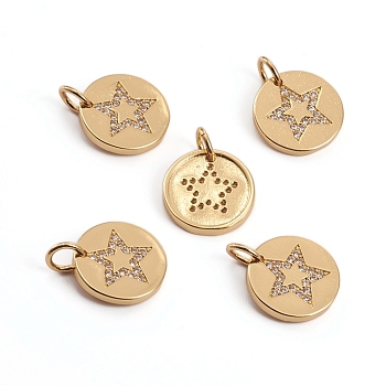Brass Micro Pave Clear Cubic Zirconia Charms, with Jump Rings, Flat Round with Star, Golden, 11.5x1.5mm, Hole: 3.5mm