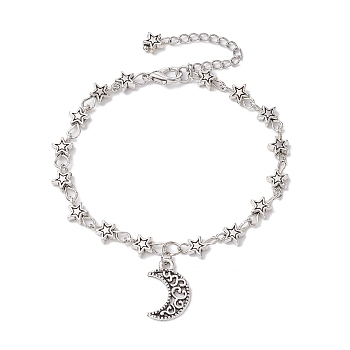 Tibetan Style Alloy Charm Bracelets, with Flower Link Chains, Moon, 7-1/8 inch(18cm), Moon: 18x12mm