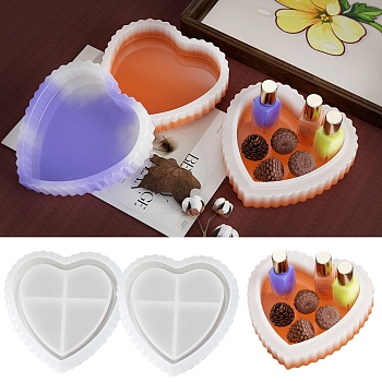 2Pcs DIY Stripe Pattern Heart Jewelry Plate Food Grade Silicone Molds, Resin Casting Molds, for UV Resin, Epoxy Resin Craft Making, White, 87x91x23mm