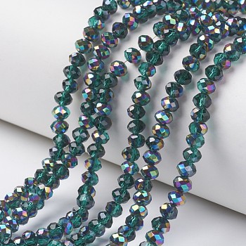 Electroplate Transparent Glass Beads Strands, Half Multi-color Plated, Faceted, Rondelle, Green, 6x5mm, Hole: 1mm, about 92~94pcs/strand, 17~17.5 inch(42.5~43.75cm)