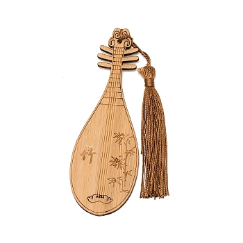 Ancient Musical Instrument Pipa Chinese Style Bookmark with Tassels for Book Lover, Chinese Character and Drawing Engraved Bamboo Bookmark, BurlyWood, Bamboo Pattern, 120.5x39.5x2.3mm