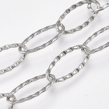 304 Stainless Steel Cable Chains, Soldered, Textured, Oval, Stainless Steel Color, 20x10x1mm