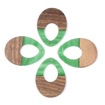 Opaque Resin & Walnut Wood Pendants, Teardrop, Green, 37.5x28x3mm, Hole: 2mm