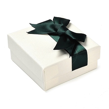 Square Cardboard Jewelry Set Box, with Polyester Bowknot Lid, Jewelry Storage Case with Velvet Sponge Inside, for Necklaces, Earrings, Rings, Dark Green, 7.5x7.4x4.2cm