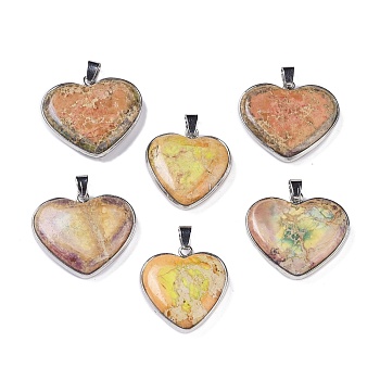 Natural Imperial Jasper Pendants, Heart Charms with Platunum Plated Brass Findings, 27.5x26.5x7mm, Hole: 7.5x4.5mm