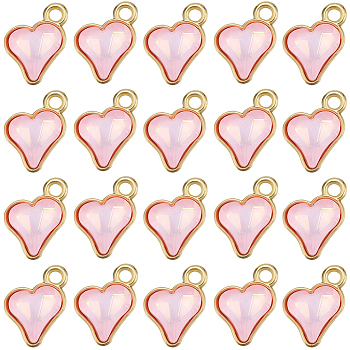 64Pcs Glass Charms, Heart Charms, with Alloy Findings, Faceted, Pink, 13.5x9.5~10x4~4.5mm, Hole: 1.8mm