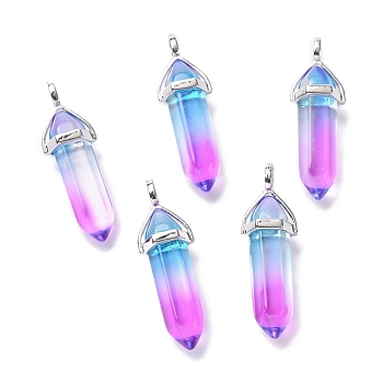 Faceted Bullet Glass Pointed Pendants, with Platinum Plated Brass Findings, Deep Sky Blue, 38~39.5x12.5x10mm, Hole: 5x3mm