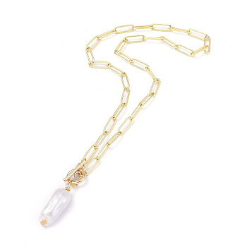 Natural Baroque Pearl Keshi Pearl Pendant Necklaces, with 304 Stainless Steel Toggle Clasps, Brass Paperclip Chains and Cardboard Boxes, Golden, 16.73 inch(42.5cm), pearl: 13~20mm long, 6~10mm wide
