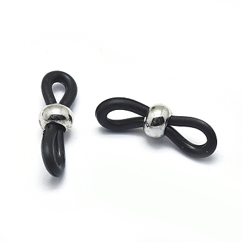 Eco-Friendly Eyeglass Holders, Glasses Rubber Loop Ends, with Brass Findings, Black, Platinum, 20x6mm, Hole: 2.5x5mm