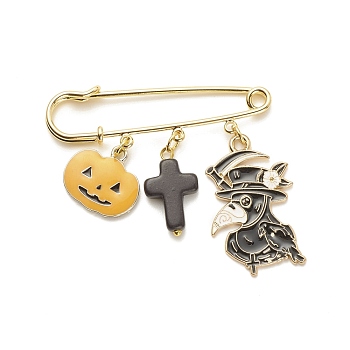 Halloween Pumpkin & Plague Doctor Alloy Enamel Charm Safety Pin with Synthetic Turquoise Cross, Brass Sweater Shawl Clips for Women, Golden, Colorful, 52x50x5mm