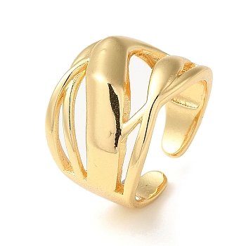 Rack Plating Brass Hollow Open Cuff Rings for Women, Real 18K Gold Plated, US Size 7 1/2(17.7mm)