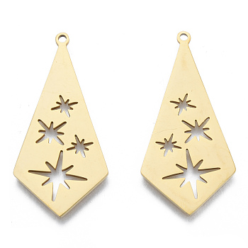 201 Stainless Steel Pendants, Kite Charm with Star, Real 18K Gold Plated, 38.5x18.5x1mm, Hole: 1.5mm