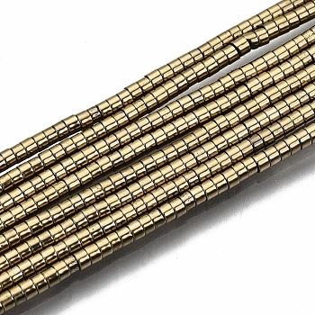 Electroplate Non-magnetic Synthetic Hematite Beads Strands, Column, Pale Goldenrod, 1.5x1mm, Hole: 0.5mm, about 377~383pcs/strand, 15.75 inch~15.94 inch(40cm~40.5cm)