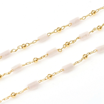 3.28 Feet Handmade Natural Rose Quartz Beaded Chains, Real 18K Gold Plated Plated Brass Chains, Soldered, Long-Lasting Plated, 4~5x2~2.5mm, Beads: 2mm, Link: 2x1x0.2mm and 2x1.5x0.2mm