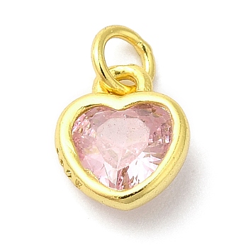 925 Sterling Silver Birthstone Charms, with Single Cubic Zirconia, Heart, Golden, with Jump Ring, Pink, 6x5x2mm, Hole: 2.5mm