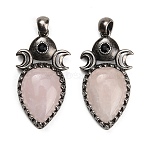 Natural Rose Quartz Pendants, Brass Rhinestone Triple Moon Teardrop Bezeled Charms, Antique Silver, 44x24x7mm, Hole: 5x5mm(GG-CBACC2B-05AS-04)