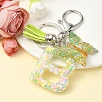 Resin & Acrylic Keychain, with Faux Suede Tassel Pendant & Alloy Findings, Letter B, 9.5cm(KEYC-YW00122-02)