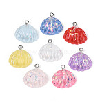 Transparent Resin Pendants, Shell Shape Charms, with Platinum Plated Iron Loops & Broken Glass Foils, Mixed Color, 20.5~22x20.5~21x6~6.5mm, Hole: 2mm(RESI-N050-21P)