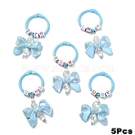 5Pcs Acrylic & Glass Seed Pendant Decorations, with Iron Rings, Bowknot with Letter, Light Sky Blue, 67mm(HJEW-YW00327-02)