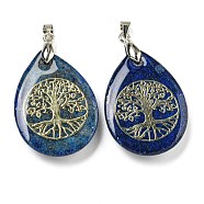 Dyed Natural Lapis Lazuli Teardrop Pendants, Golden Tree of Life Charms with Rack Plating Platinum Tone Brass Snap on Bails, Platinum, Cadmium Free & Lead Free, 37x23x7mm, Hole: 5x4mm(G-Q175-01D)