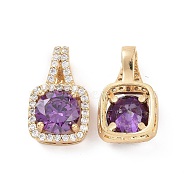 Brass Micro Pave Cubic Zirconia Pendants, Real 18K Gold Plated, Square Charms, Purple, 18x11x6mm, Hole: 6x3.5mm(KK-E068-VC428)