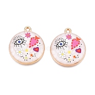 Printed Rack Plating Alloy Enamel Pendants, Golden, Flat Round with Eye & Heart Charm, Colorful, 28.5x25x4mm, Hole: 1.8mm(ENAM-T020-02E)