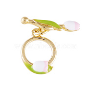 Brass Enamel Toggle Clasps, with Jump Rings, Real 18K Gold Plated, Nickel Free, Flower, Pearl Pink, 24.5mm, Flower: 20x5x2mm, hole: 1.8mm, Ring: 17.5x12x3.5mm, hole: 1.8mm(X1-KK-N231-282)