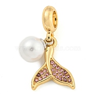 Rack Plating Alloy Pave Rhinestone Fishtail European Dangle Charms, Large Hole Pendants, Golden, with ABS Plastic Imitation Pearl, Cadmium Free & Nickel Free & Lead Free, Violet, 28mm, Hole: 5mm, Fishtail: 17.5x14x2mm(FIND-B034-22G-01)