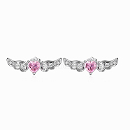 Wing Rhodium Plated 925 Sterling Silver Micro Pave Cubic Zirconia Stud Earrings for Women, Platinum, 6x17mm(EJEW-Q804-01P)