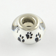Large Hole Dog Paw Prints Pattern Resin European Beads, with Silver Color Plated Brass Double Cores, Rondelle, White, 14x9~10mm, Hole: 5mm(OPDL-Q129-229A)