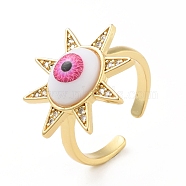 Cubic Zirconia Sun with Evil Eye Open Cuff Ring with Acrylic, Real 18K Gold Plated Brass Jewelry for Women, Cadmium Free & Lead Free, Hot Pink, US Size 6 1/4(16.7mm)(RJEW-B042-09G-03)