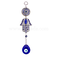 Lampwork Turkish Blue Teardrop with Evil Eye Pendant Decoration, with Alloy Rhinestone Hamsa Hand Link for Home Wall Hanging Ornament, Antique Silver, 270mm(EVIL-PW0004-06)