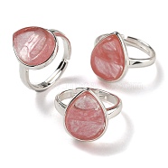 Cherry Quartz Glass Teardrop Adjustable Rings, Lead Free & Cadmium Free, Silver Plated Brass Finger Rings for Women Men, Teardrop: 18.5x14mm, Inner Diameter: 18mm(RJEW-K371-08S-13)