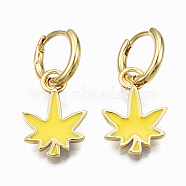 Brass Enamel Huggie Hoop Earrings, Nickel Free, Real 16K Gold Plated, Maple Leaf, Yellow, 27x13mm, Pin: 1mm(EJEW-T014-28G-06-NF)