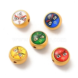 Alloy Enamel Beads, with Glass, Lead Free & Cadmium Free, Mette Gold Color, Round with Face Pattern, Mixed Color, 12.5x11.4mm, Hole: 1.8mm(ENAM-K067-77MG)