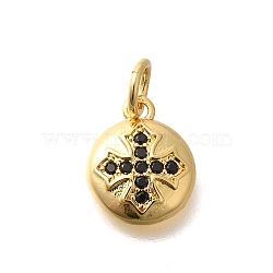 Rack Plating Brass Micro Pave Cubic Zirconia Pendants, Cadmium Free & Lead Free, Long-Lasting Plated, Round with Cross, with Jump Ring, Real 18K Gold Plated, 11x9x2mm, jump ring: 4x0.9mm, inner diameter: 2mm(KK-M296-16G)