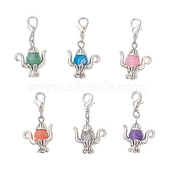 Teapot Natural Weathered Agate & Tibetan Style Alloy Pendant Decorations, with Lobster Claw Clasps, Antique Silver & Platinum, 32.5mm(HJEW-JM03543-03-S)