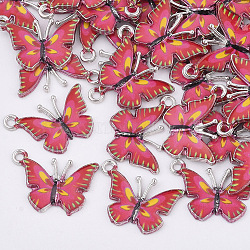 Printed Alloy Pendants, with Enamel, Butterfly, Platinum, Deep Pink, 14x20.5x1.5mm, Hole: 1.6mm(X-PALLOY-R111-14D)