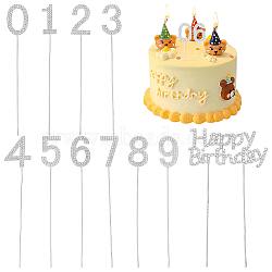 1 Set Alloy Rhinestone Cake Toppers, Cake Inserted Cards, Number 0~9 & Word Happy Brithday, Platinum, 156~164x16~92.5x4.5~5mm, 11pcs/set(DIY-FG0003-56P)