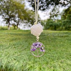 Heart Natural Rose Quartz Pendant Decoration, with Natural Amethyst Chips and Alloy Findings, Tree of Life, 130x30mm(DJEW-PW0002-22M)