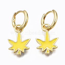 Brass Enamel Huggie Hoop Earrings, Nickel Free, Real 16K Gold Plated, Maple Leaf, Yellow, 27x13mm, Pin: 1mm(EJEW-T014-28G-06-NF)
