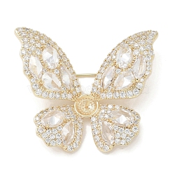 Butterfly Brass Cubic Zirconia Brooches , Real 18K Gold Plated, 36.5x42.5mm(JEWB-Q013-01G)