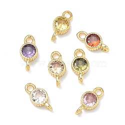 Brass Pave Cubic Zirconia Flat Round Connector Charms, Golden, Rack Plating, Cadmium Free & Lead Free, Long-Lasting Plated, Mixed Color, 10x5x3mm, Hole: 1.4mm and 1.5mm(KK-P348-11G)