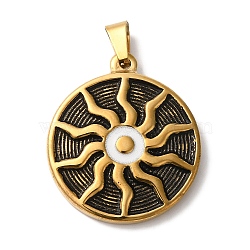 Retro PVD Vacuum Plating 304 Stainless Steel Enamel Pendants, Flat Round with Sun Charms, Antique Golden, 29x25x3.5mm, Hole: 7x3.5mm(STAS-L081-042AG)