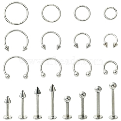 40Pcs 20 Styles 316L Surgical Stainless Steel & 316 Surgical Stainless Steel Hoop Nose Rings & Labrets, Mixed Shapes, Stainless Steel Color, 6~14x1.2~3mm, 2pcs/style(AJEW-CJ0001-73)