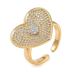 Brass Micro Pave Cubic Zirconia Cuff Rings, Wide Band Rings for Women, Real 18K Gold Plated, Heart, 16.5x20mm(RJEW-U012-01G-01)