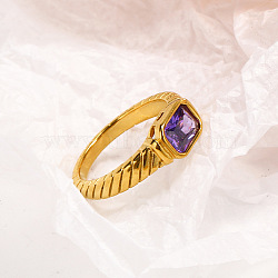304 Stainless Steel Pave Cubic Zirconia Finger Rings for Women, Rectangle, Real 18K Gold Plated, Faceted, Purple, US Size 9(18.9mm)(FS-WGAA4E7-18)