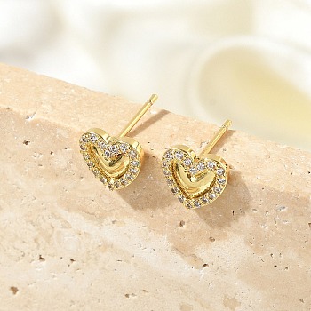 Brass Micro Pave Clear Cubic Zirconia Stud Earrings, Lead Free & Cadmium Free, Long-Lasting Plated, Rack Plating, Real 18K Gold Plated, Heart, 8x9mm